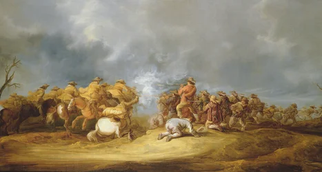 Ein Kavallerieangriff: berittene Truppen greifen einen Musketenblock an
